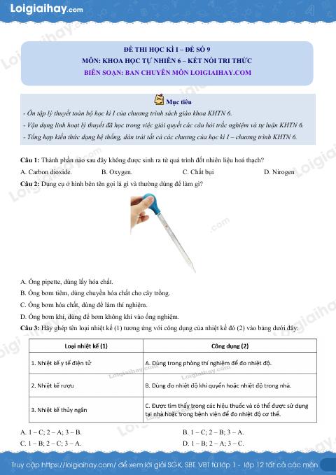 Đề thi học kì 1 KHTN 6 - Kết nối tri thức - Đề số 9